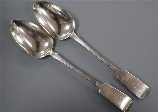 A pair of Victorian Irish silver fiddle pattern basting spoons, William Cummins, Dublin, 1845, 33cm.